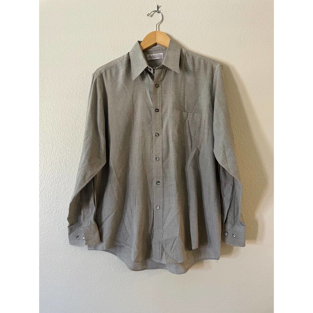 Saxon Size 16 Men Shirt Gray Button Down Front Pocket Collared Long Sleeve‎